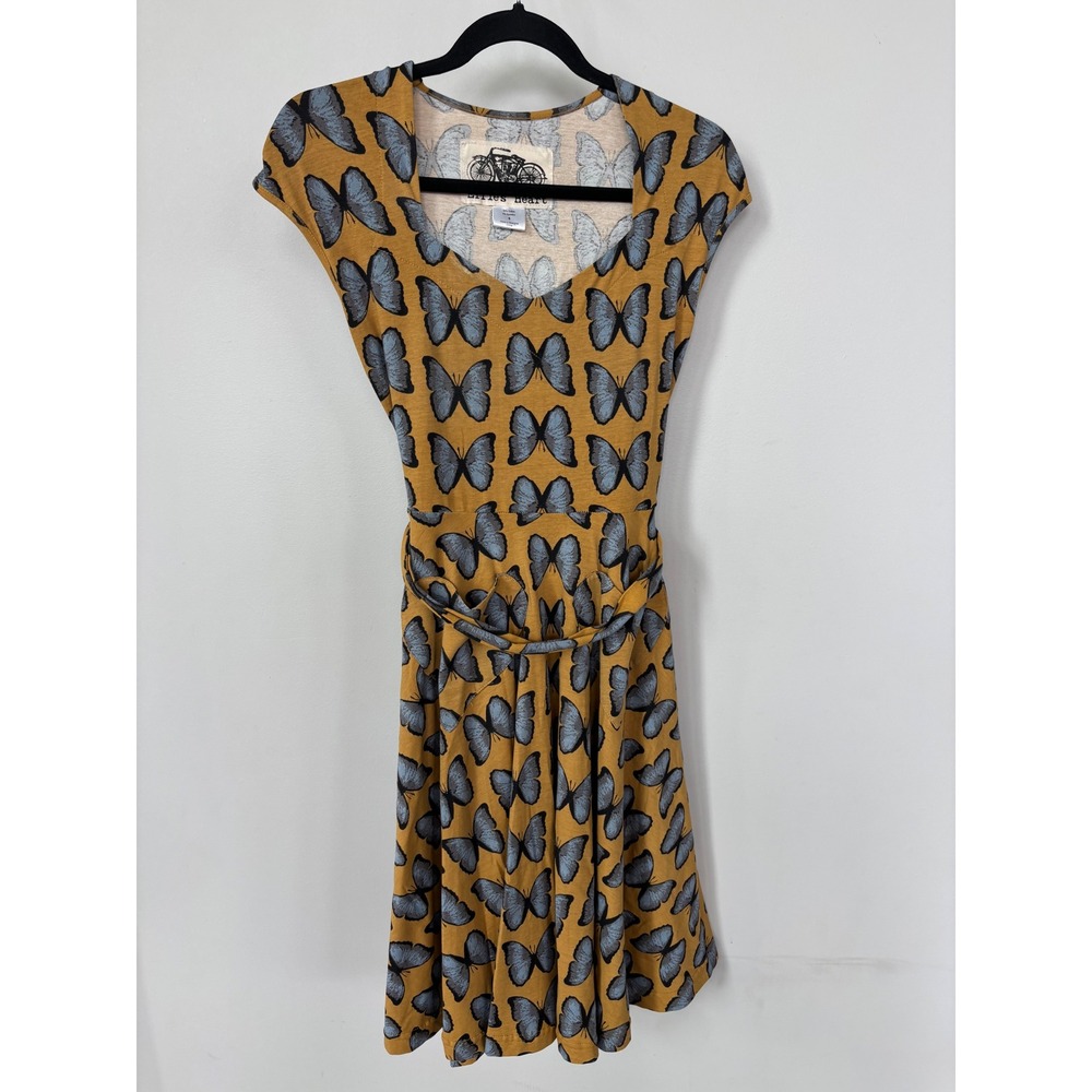 Effies Heart Butterfly Print Dress Mustard Yellow Blue Small Retro Fit Flare